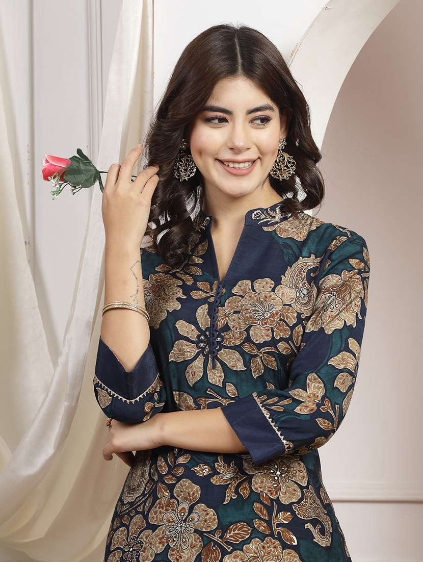 women navy blue chanderi high low kurta - 21468490 -  Standard Image - 4