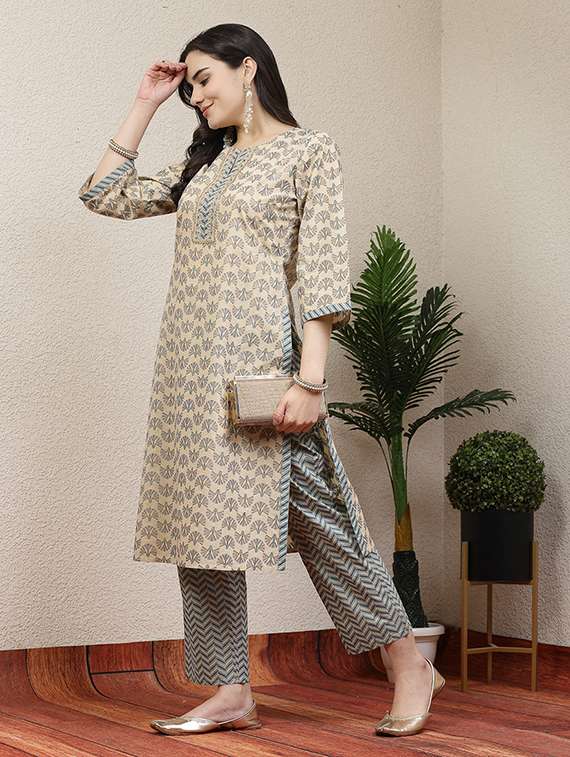 women beige printed kurta palazzo set - 21468555 - Standard Image - 1