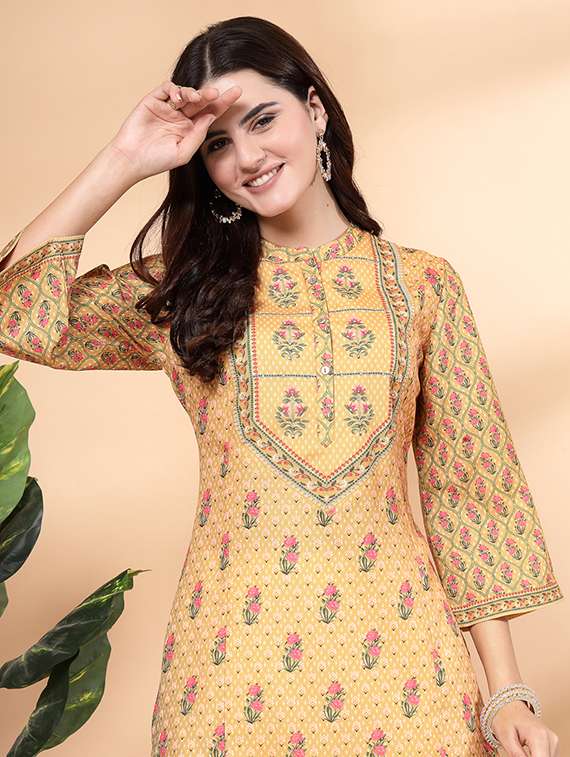 women mustard printed kurta pant set  - 21468584 -  Standard Image - 4