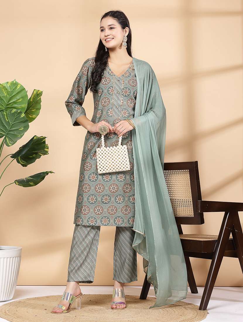 women grey printed kurta pant set with dupatta - 21468590 -  Standard Image - 1