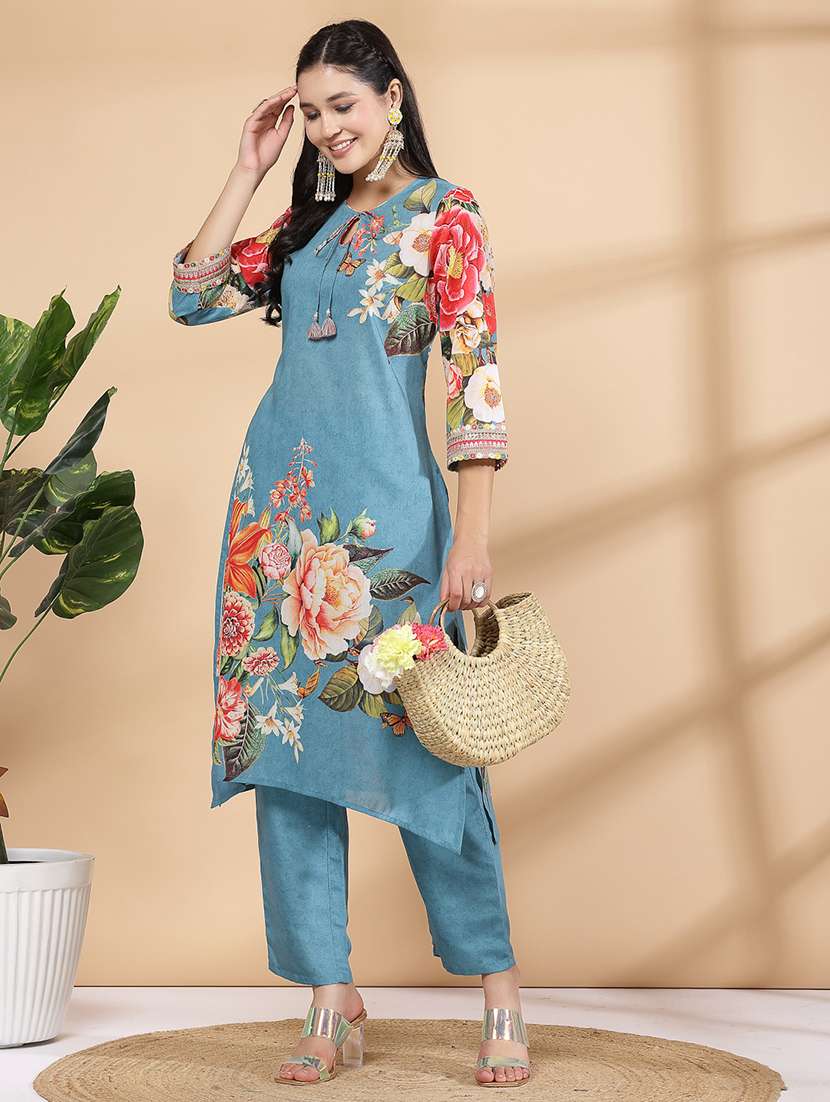 women light blue floral printed kurta pant set  - 21468592 -  Standard Image - 1