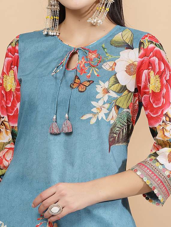 women light blue floral printed kurta pant set  - 21468592 -  Standard Image - 4