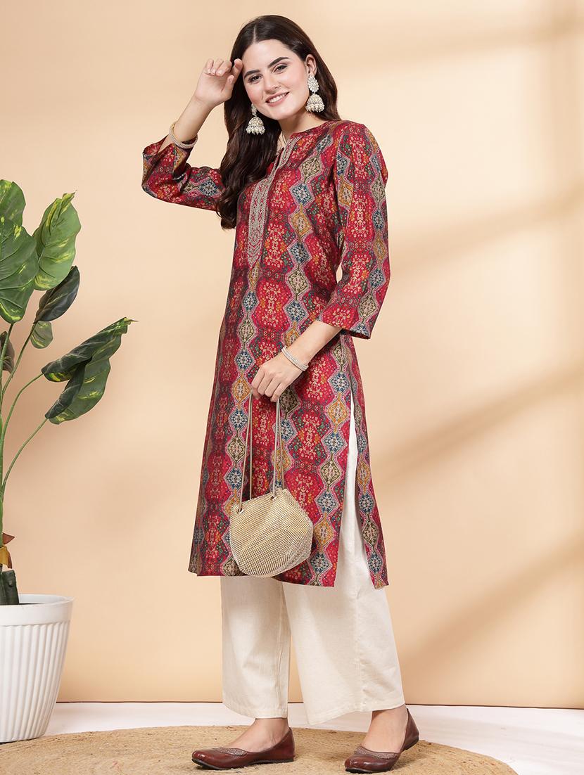 women maroon printed kurta palazzo set - 21468621 - Standard Image - 1