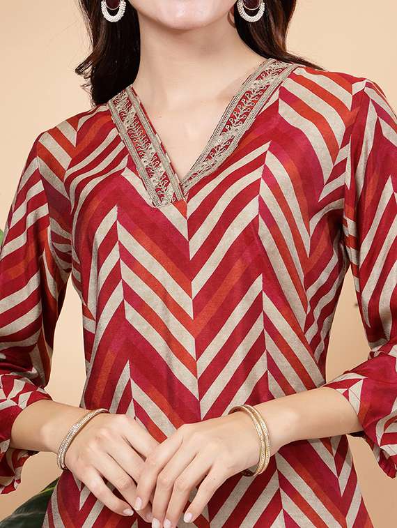 women maroon chevron printed kurta pant set - 21468622 -  Standard Image - 4