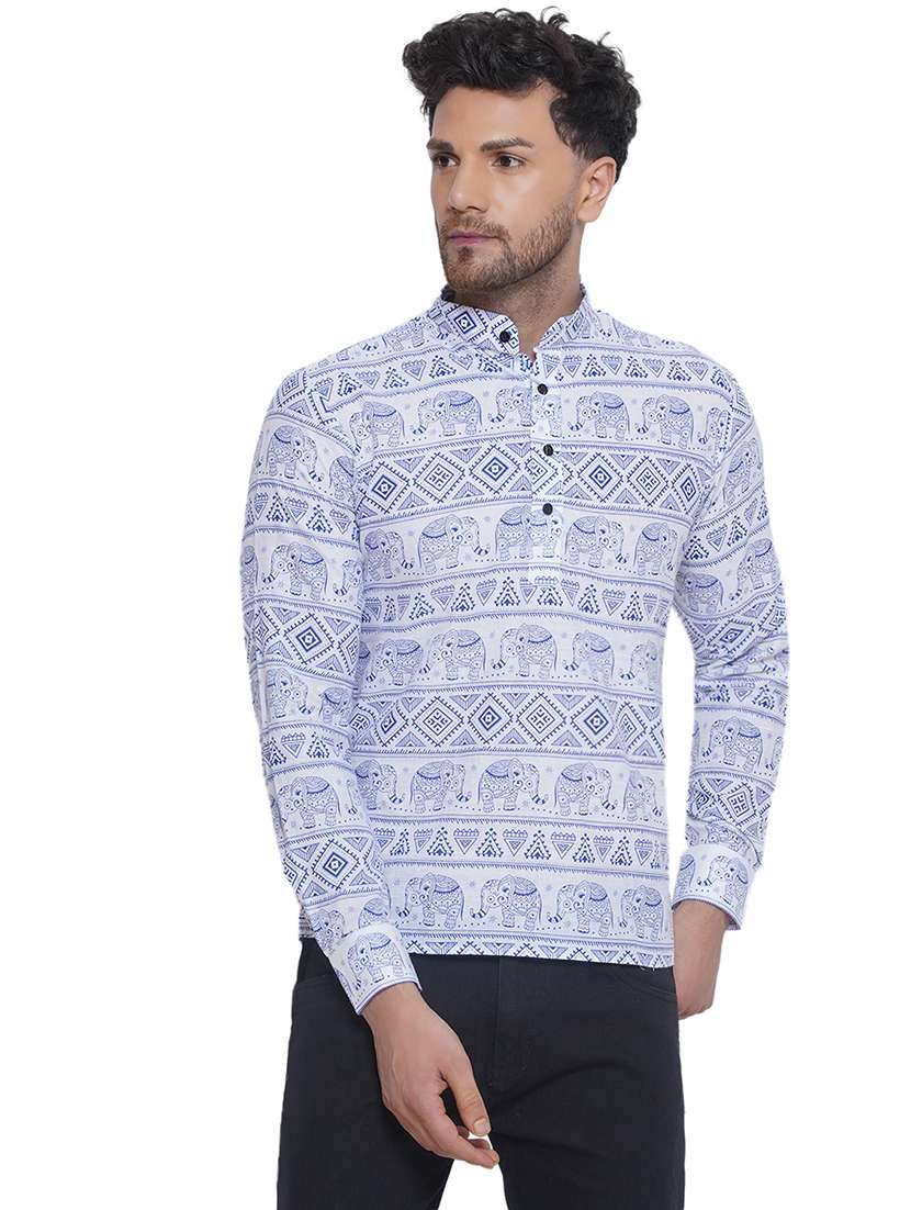 men printed long sleeve short kurta