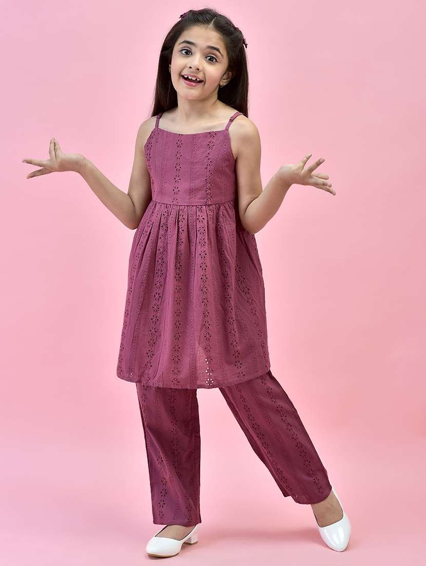 girls purple solid with work kurta pant set