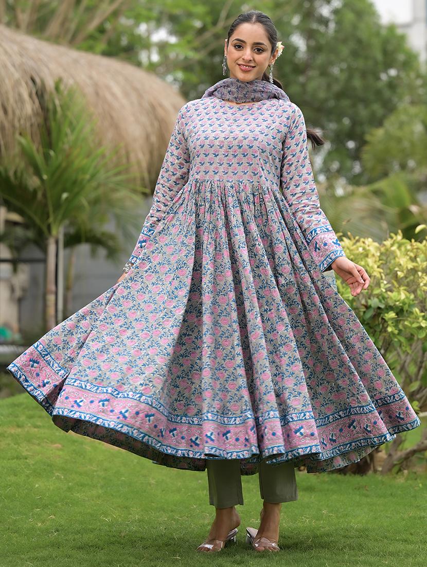women grey long sleeve anarkkali kurta pant with dupatta set - 21471274 - Standard Image - 1