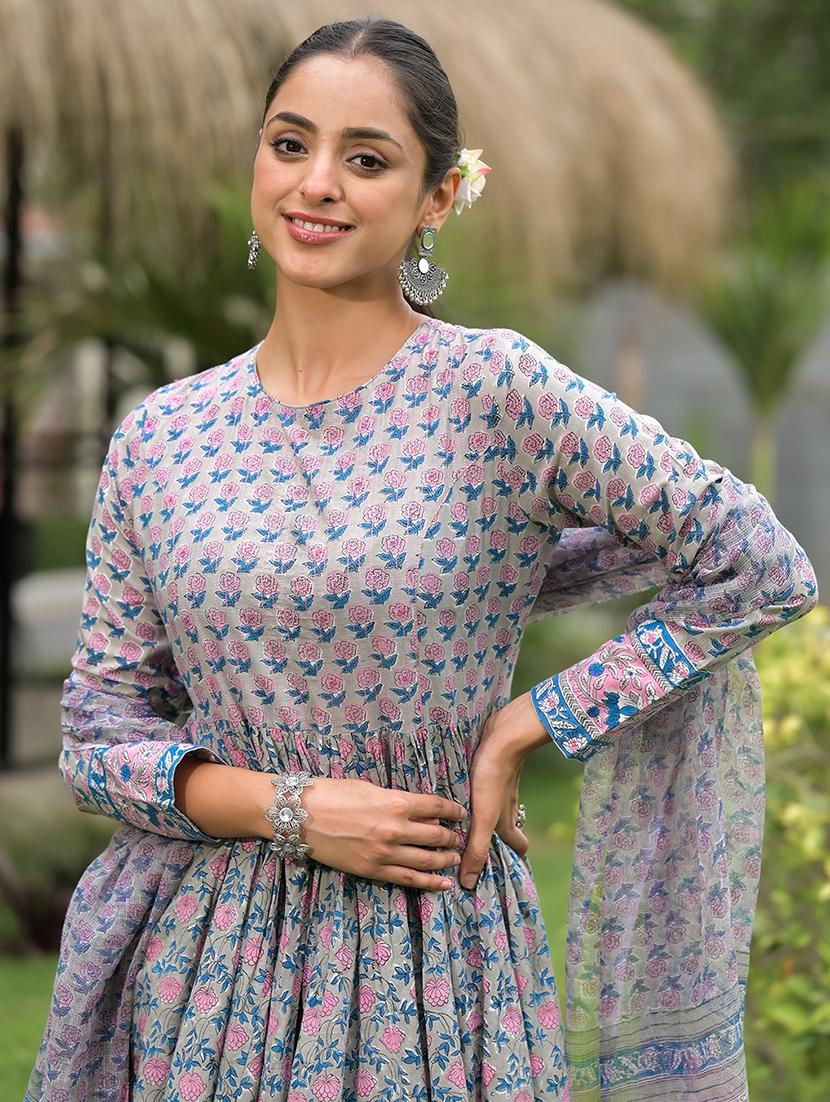 women grey long sleeve anarkkali kurta pant with dupatta set - 21471274 - Standard Image - 4