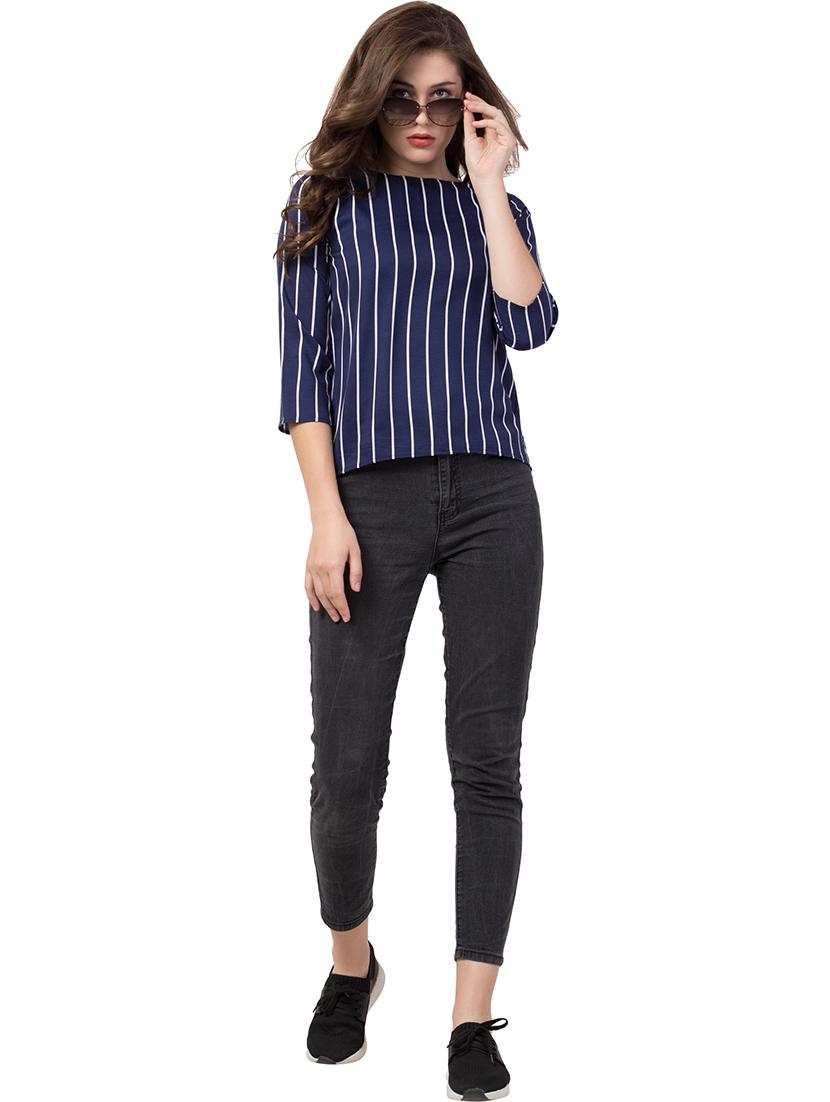 women blue stripes printed round neck top - 21472343 - Standard Image - 4