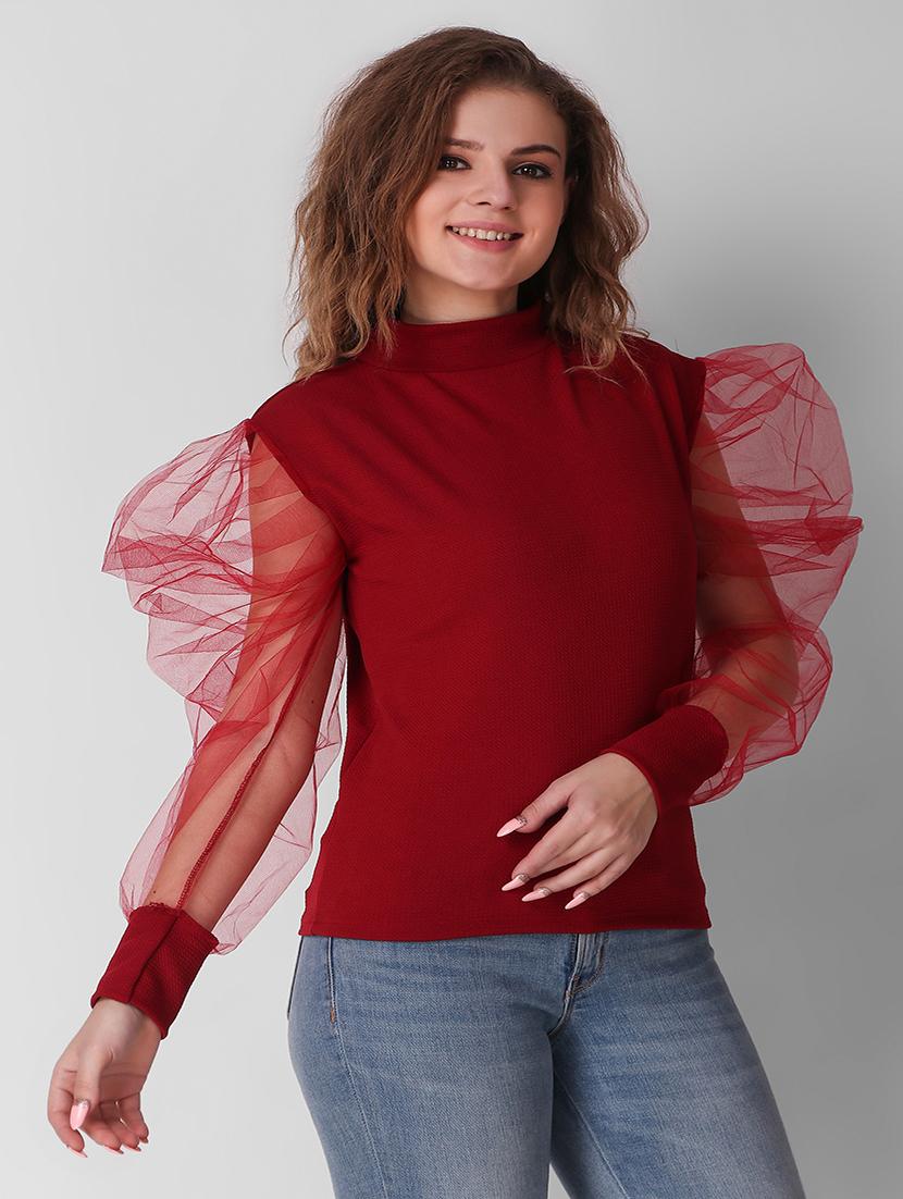 women red solids puff sleeves top - 21472424 - Standard Image - 1