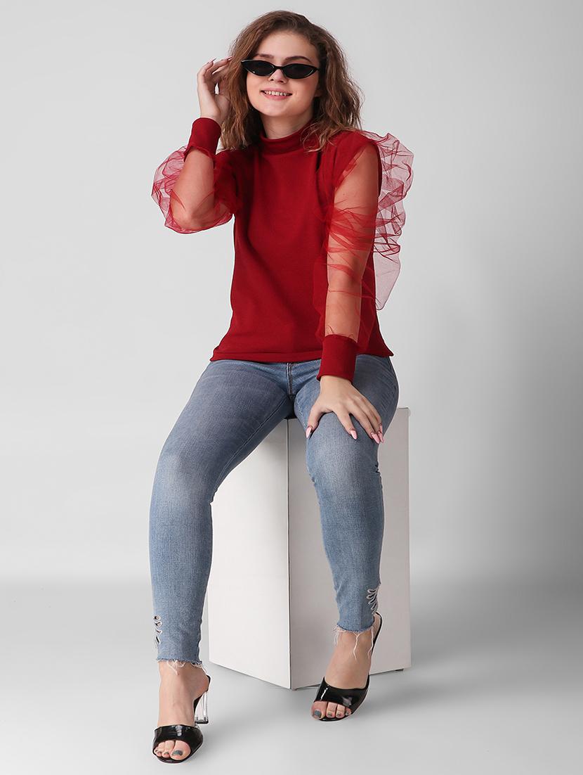 women red solids puff sleeves top - 21472424 - Standard Image - 4