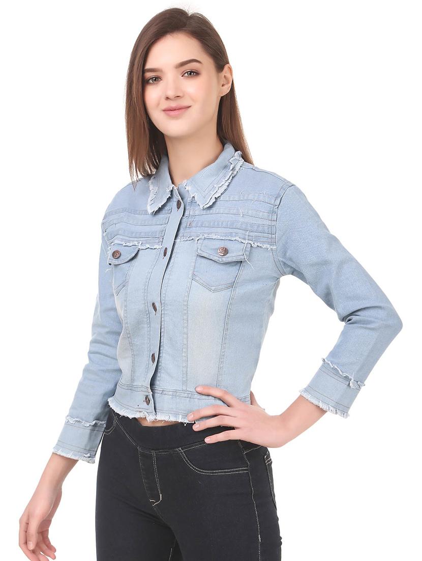 light blue solid denim jacket - 21473155 - Standard Image - 1