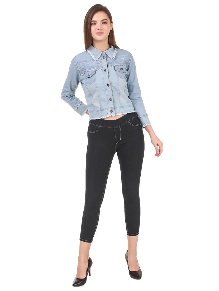 light blue solid denim jacket - 21473155 - Standard Image - 4
