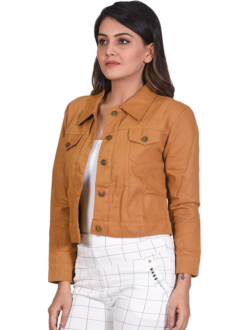 tan solid denim jacket - 21473221 - Standard Image - 1
