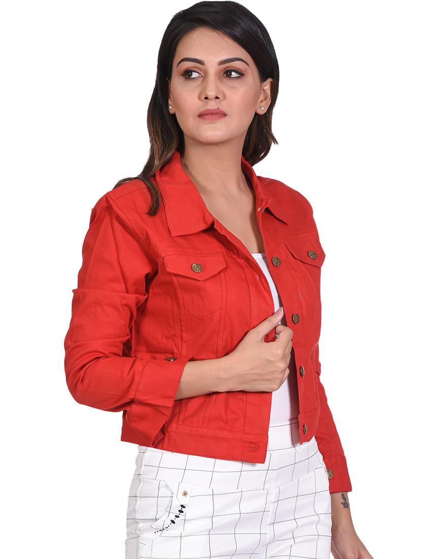 red solid denim jacket - 21473225 - Standard Image - 1