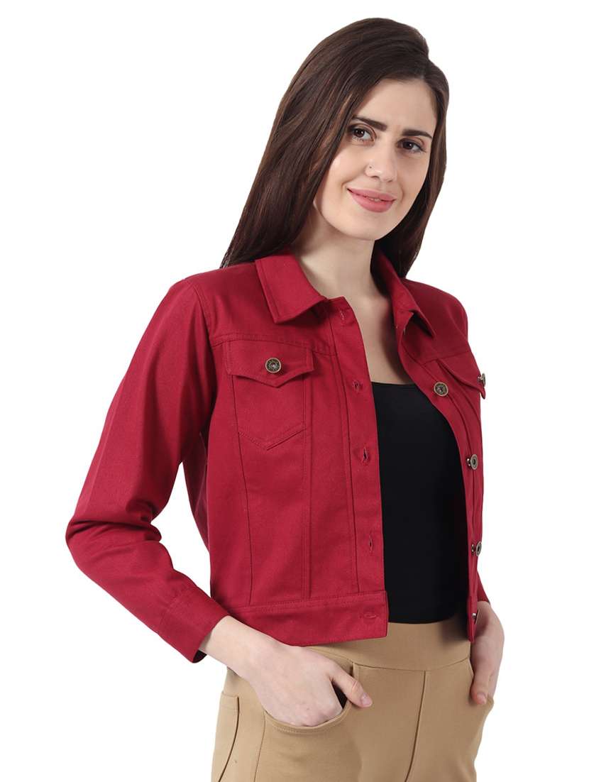 women spread collar solid denim jacket - 21473334 - Standard Image - 1