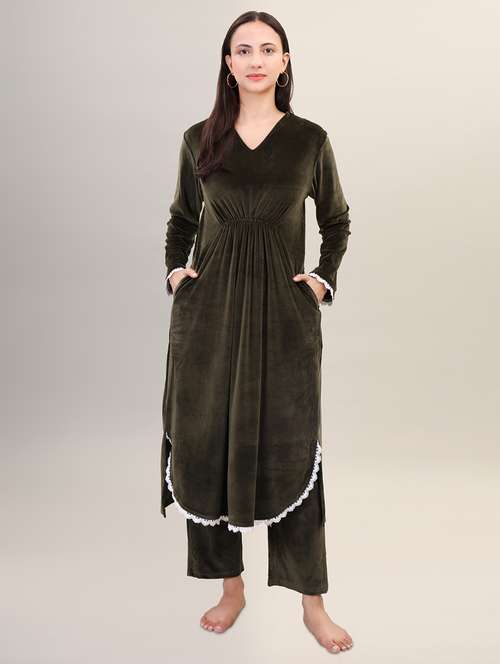 olive lace work velvet kurta palazzo set - 21473472 -  Standard Image - 0