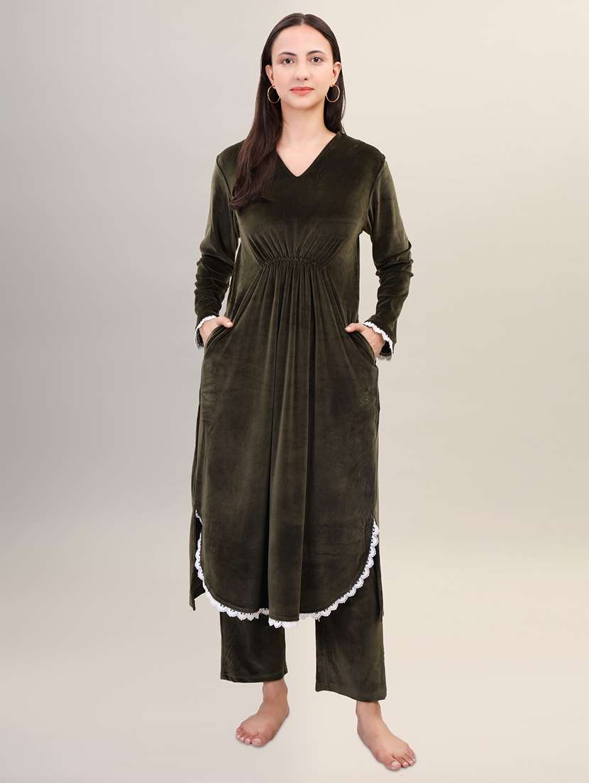 olive lace work velvet kurta palazzo set - 21473472 -  Zoom Image - 0