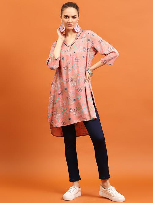 women pink rayon high low kurta - 21473595 -  Standard Image - 0