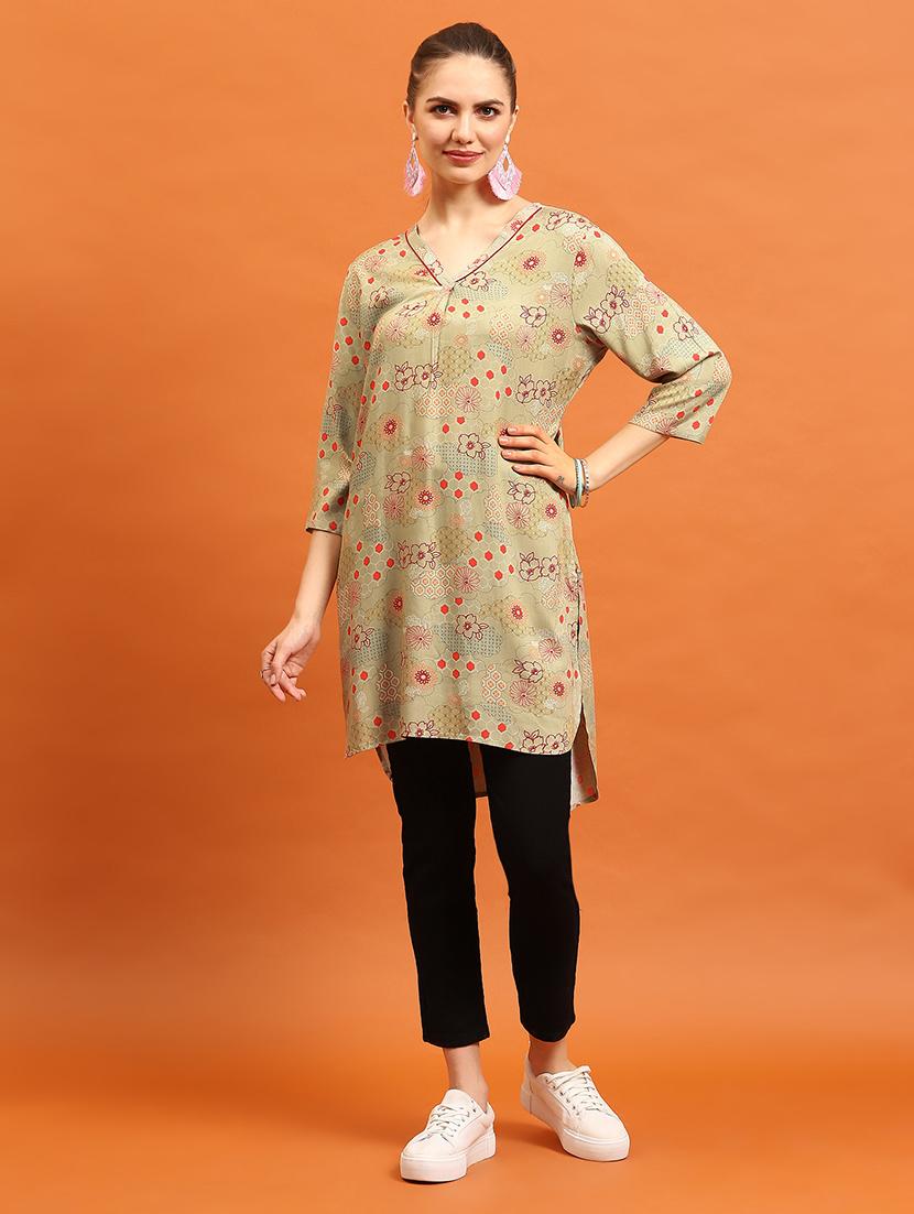 women beige floral printed high-low kurta - 21473596 - Zoom Image - 0