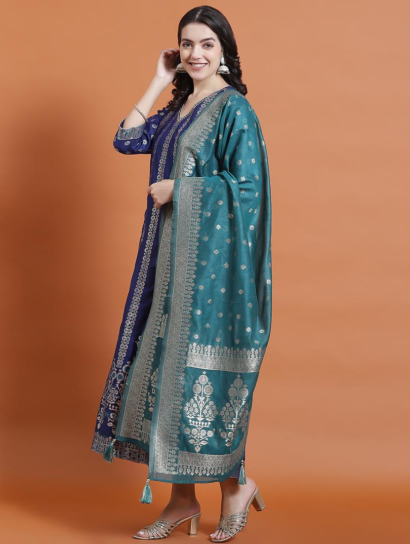 women blue self design kurta dupatta set - 21473662 - Standard Image - 1