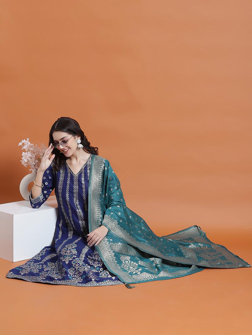 women blue self design kurta dupatta set - 21473662 - Standard Image - 4