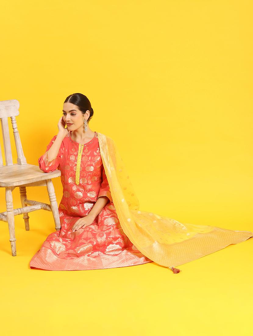 women orange self design kurta dupatta set - 21473663 - Standard Image - 4