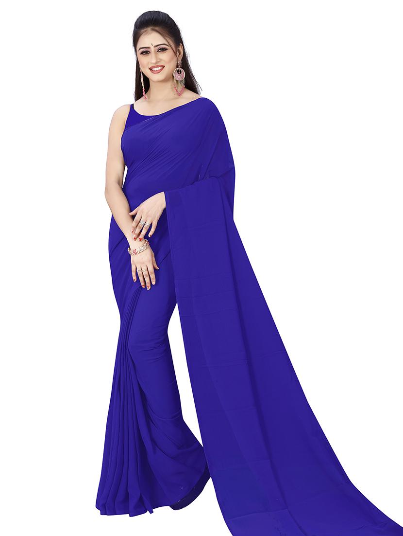 women blue solid georgette saree with blouse - 21473866 -  Zoom Image - 0