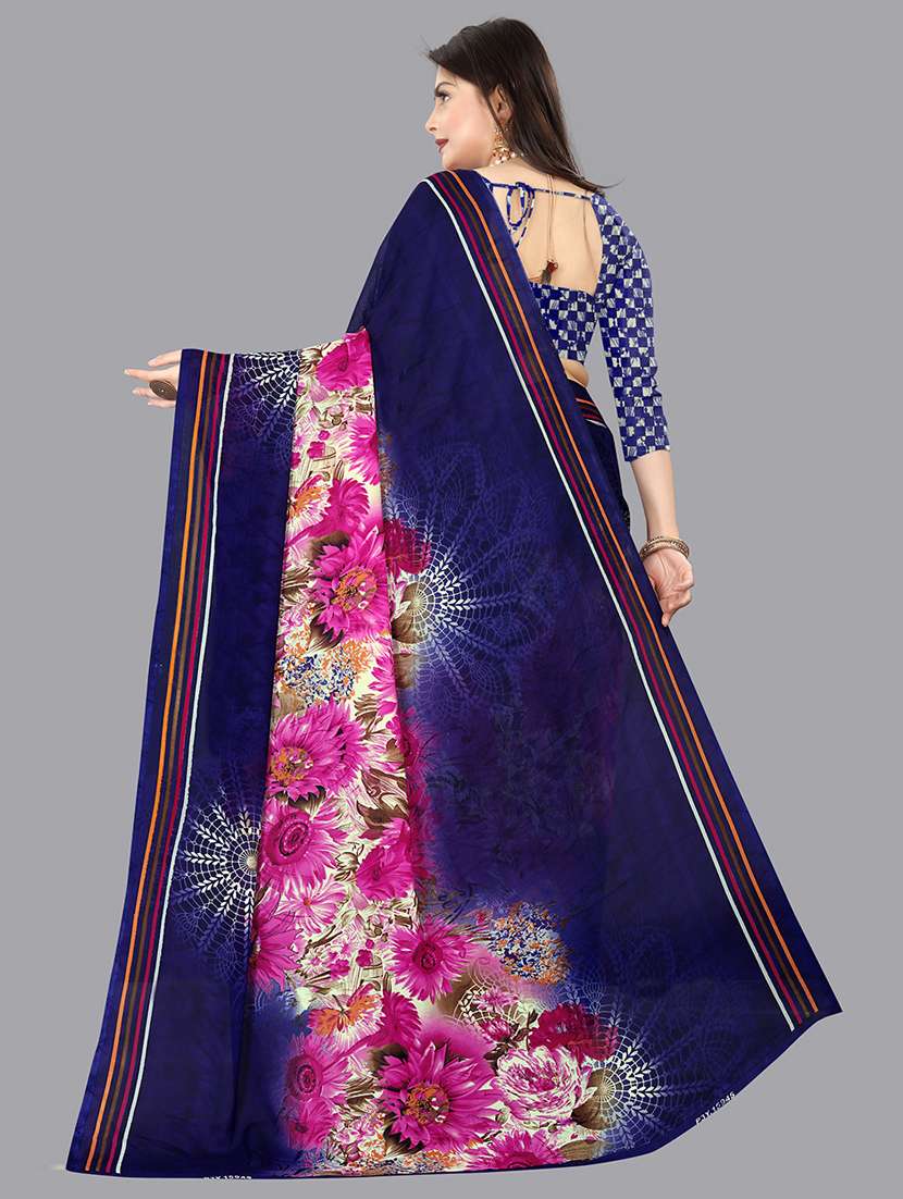 women navy blue printed saree with blouse - 21480754 -  Standard Image - 1