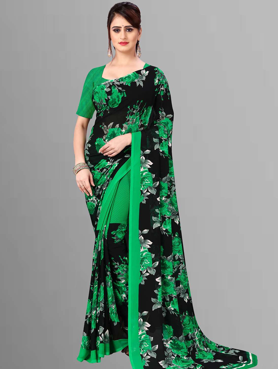 women green printed saree with blouse