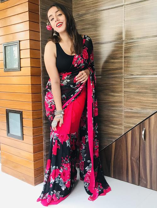 women pink printed saree with blouse - 21480803 -  Standard Image - 0