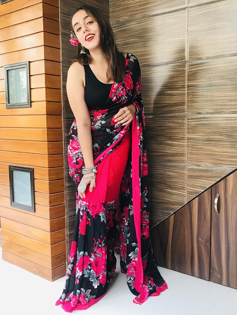 women pink printed saree with blouse - 21480803 -  Zoom Image - 0