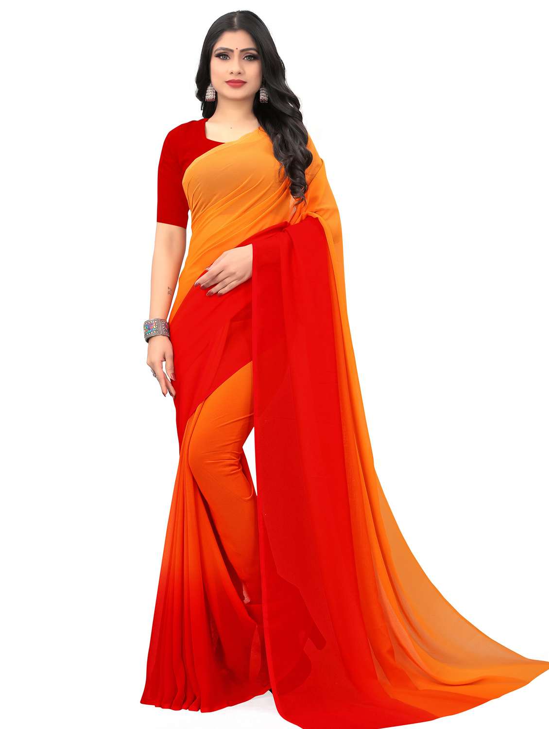 women solid orange saree with blouse