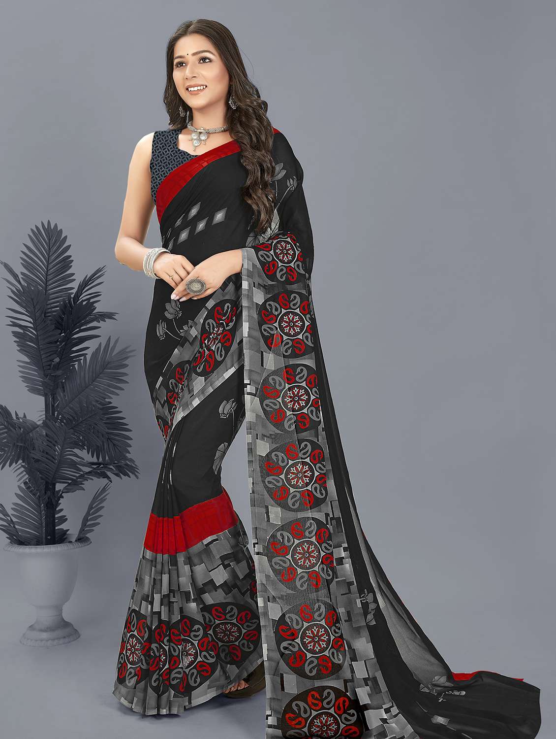 women black printed saree with blouse