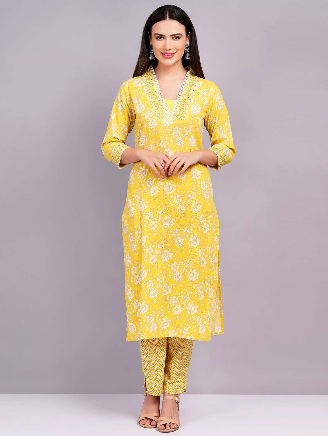 women floral printed three quarter sleeves suit set - 21481186 - Standard Image - 1