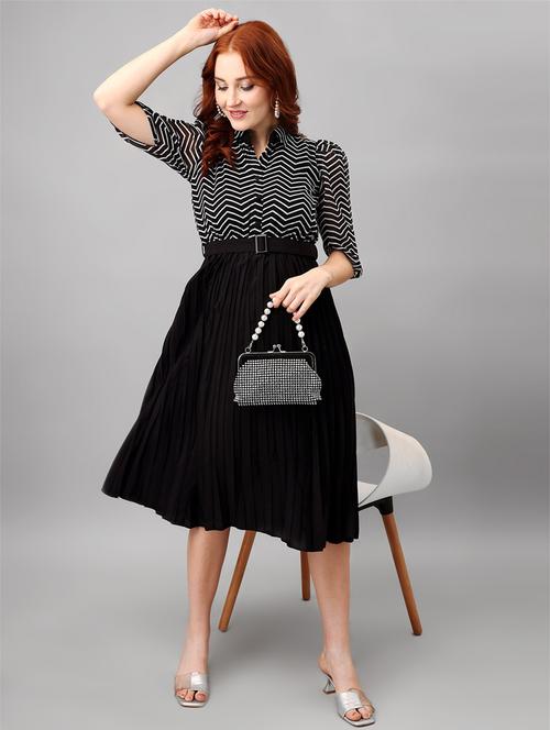 women balck chevron printed puff sleeves belted dress - 21481361 -  Standard Image - 0