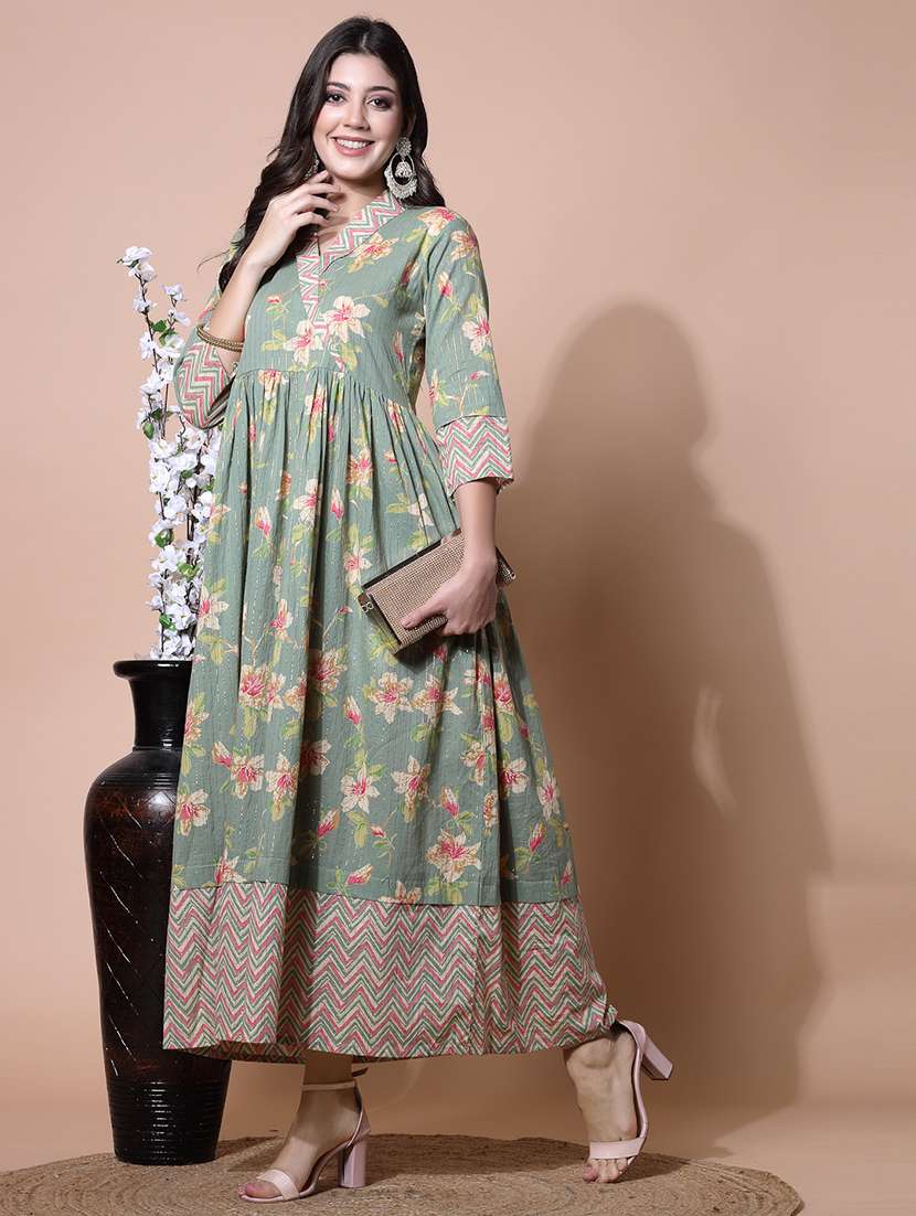 light green floral printed gown dress