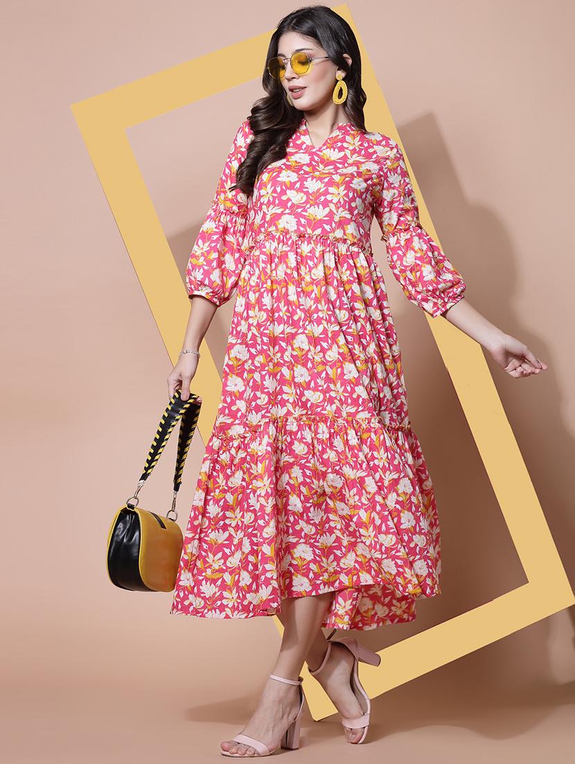 pink floral printed a-line dress