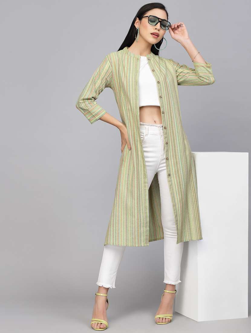 women striped three quarter sleeve long shrug