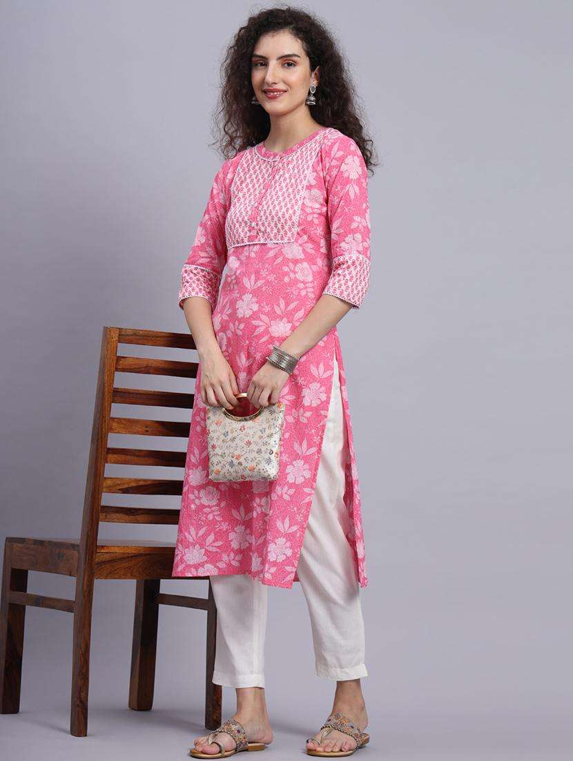 women pink cotton straight kurta