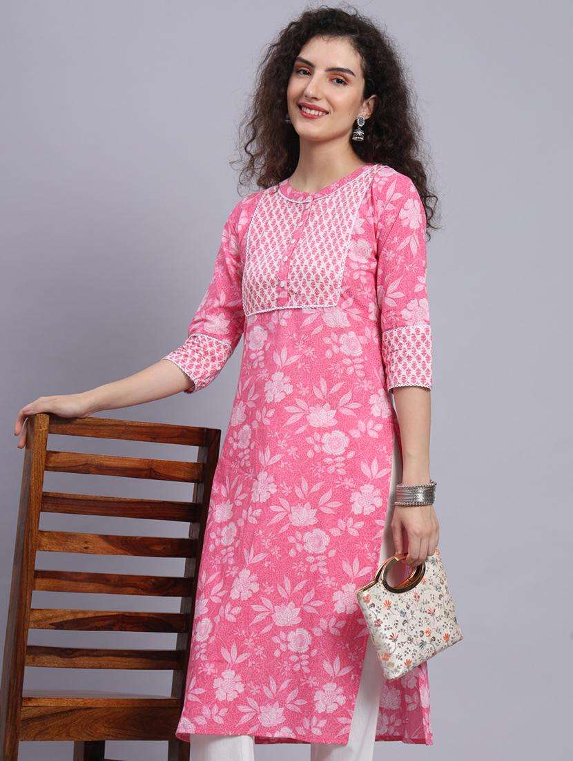 women pink cotton straight kurta - 21481485 -  Standard Image - 1