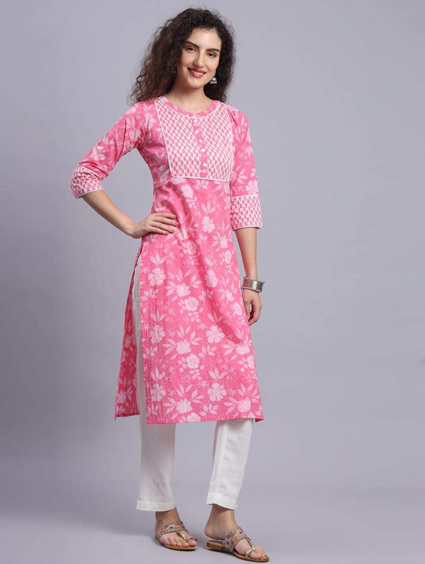 women pink cotton straight kurta - 21481485 -  Standard Image - 4