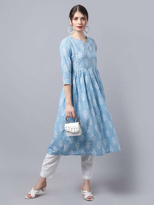 women light blue cotton a-line kurta - 21481498 -  Standard Image - 0