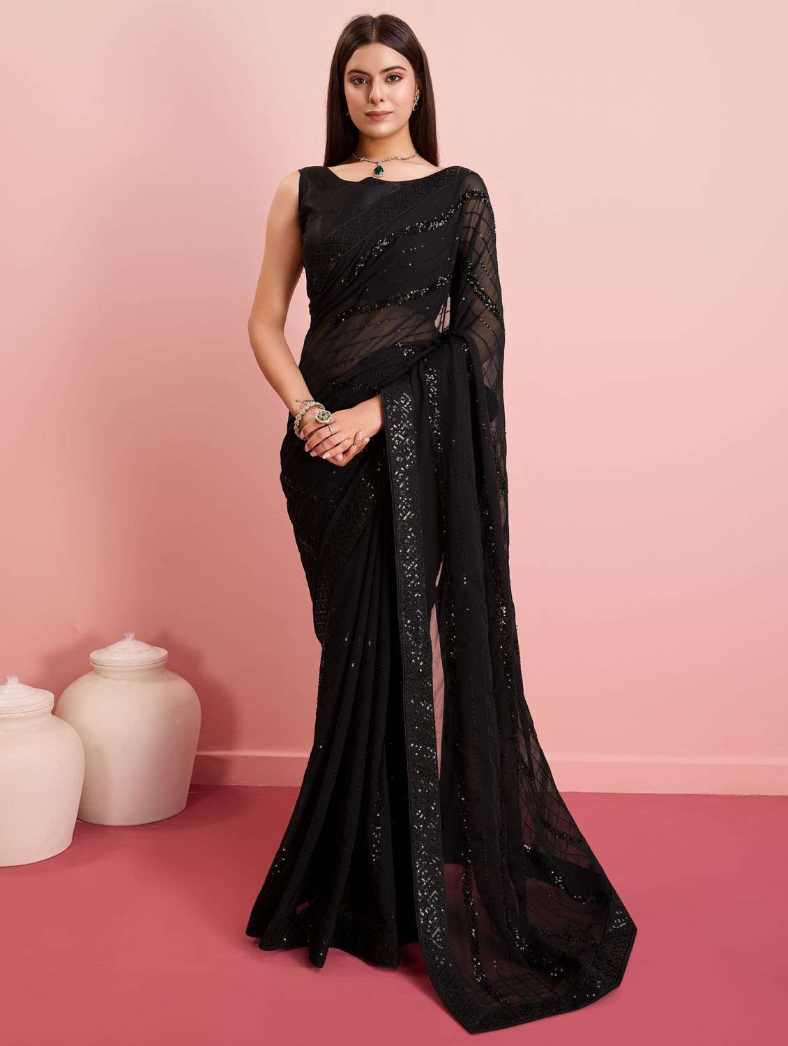 women sequined embellished saree with blouse
