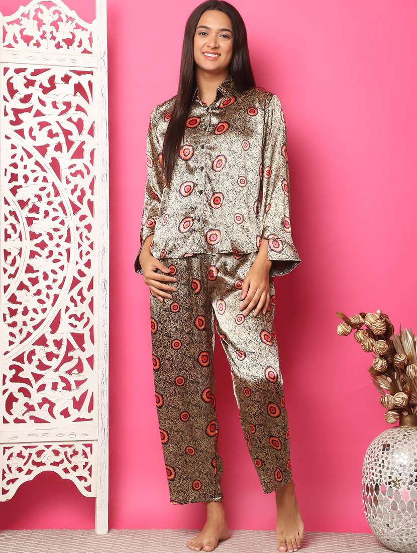 women beige satin printed nightwear set