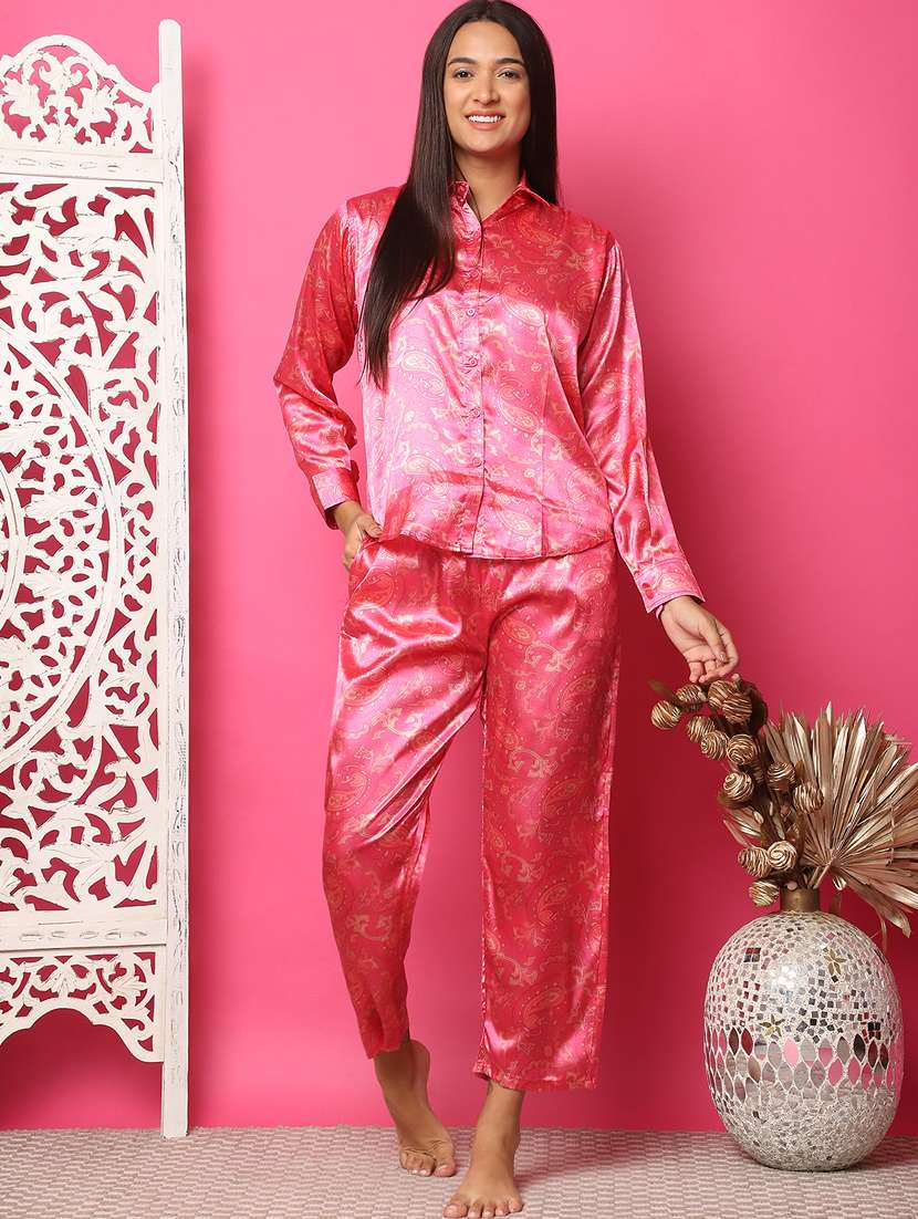 women pink satin printed nightwear set