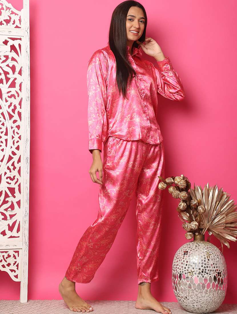 women pink satin printed nightwear set - 21481971 -  Standard Image - 1