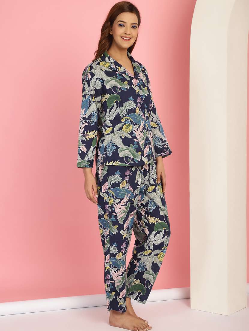 women navy blue cotton printed nightwear set - 21481974 -  Standard Image - 1