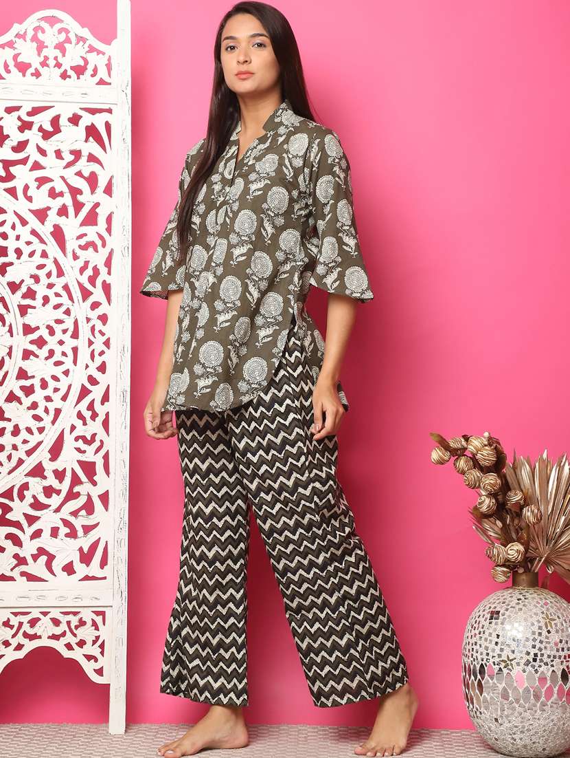 women olive cotton printed nightwear set - 21481976 -  Standard Image - 1