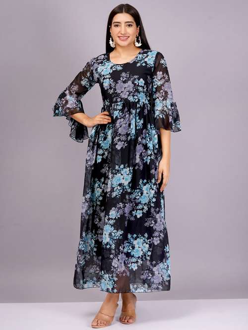 women v neck floral printed gown dress - 21482462 -  Standard Image - 0
